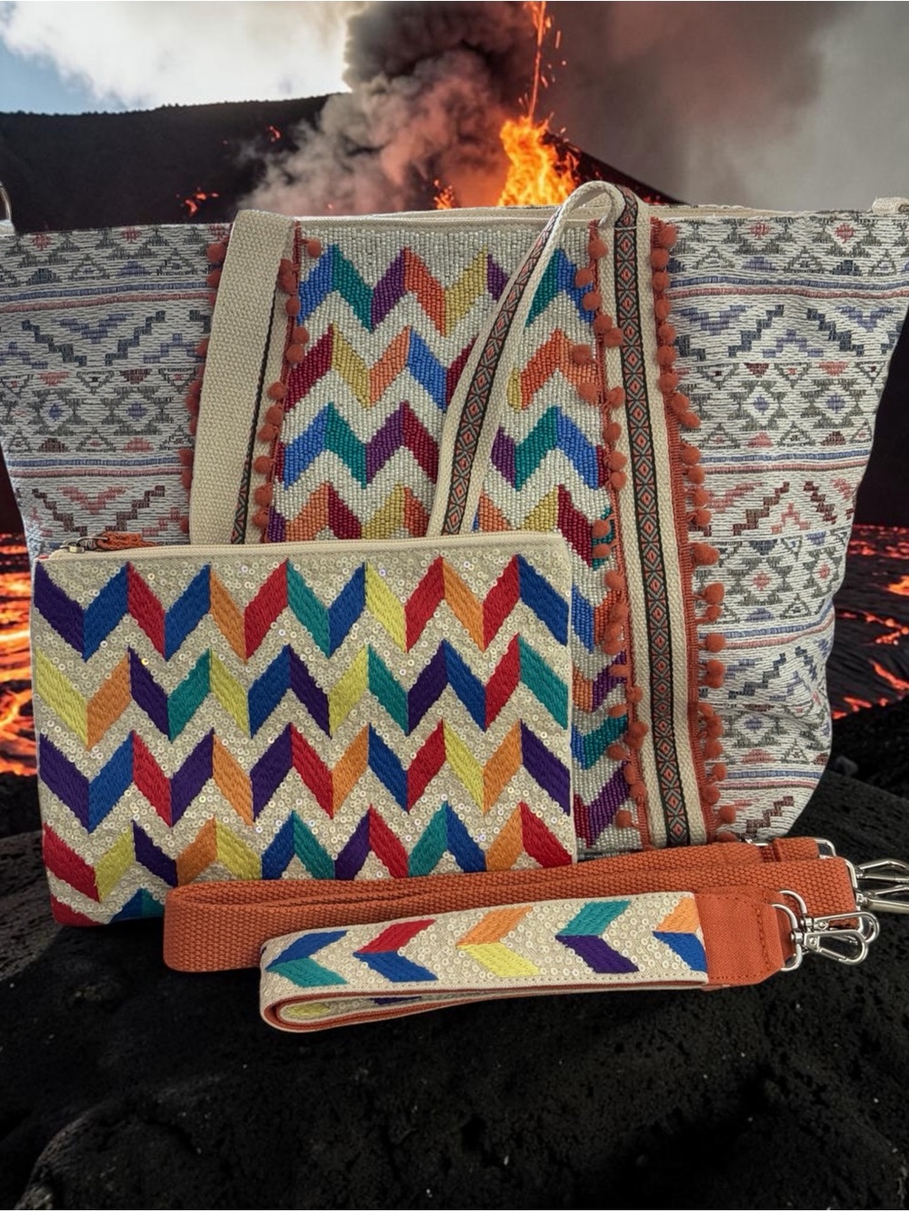 America & Beyond Embroidered Tote Bag & Pouch Set with 2 Interchangeable Straps